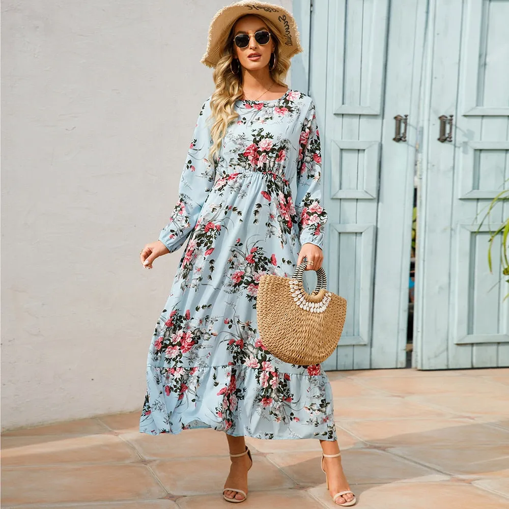 Women Spring Winter Maxi Long Sleeve High Waist Floral Printed Dress - WD8004