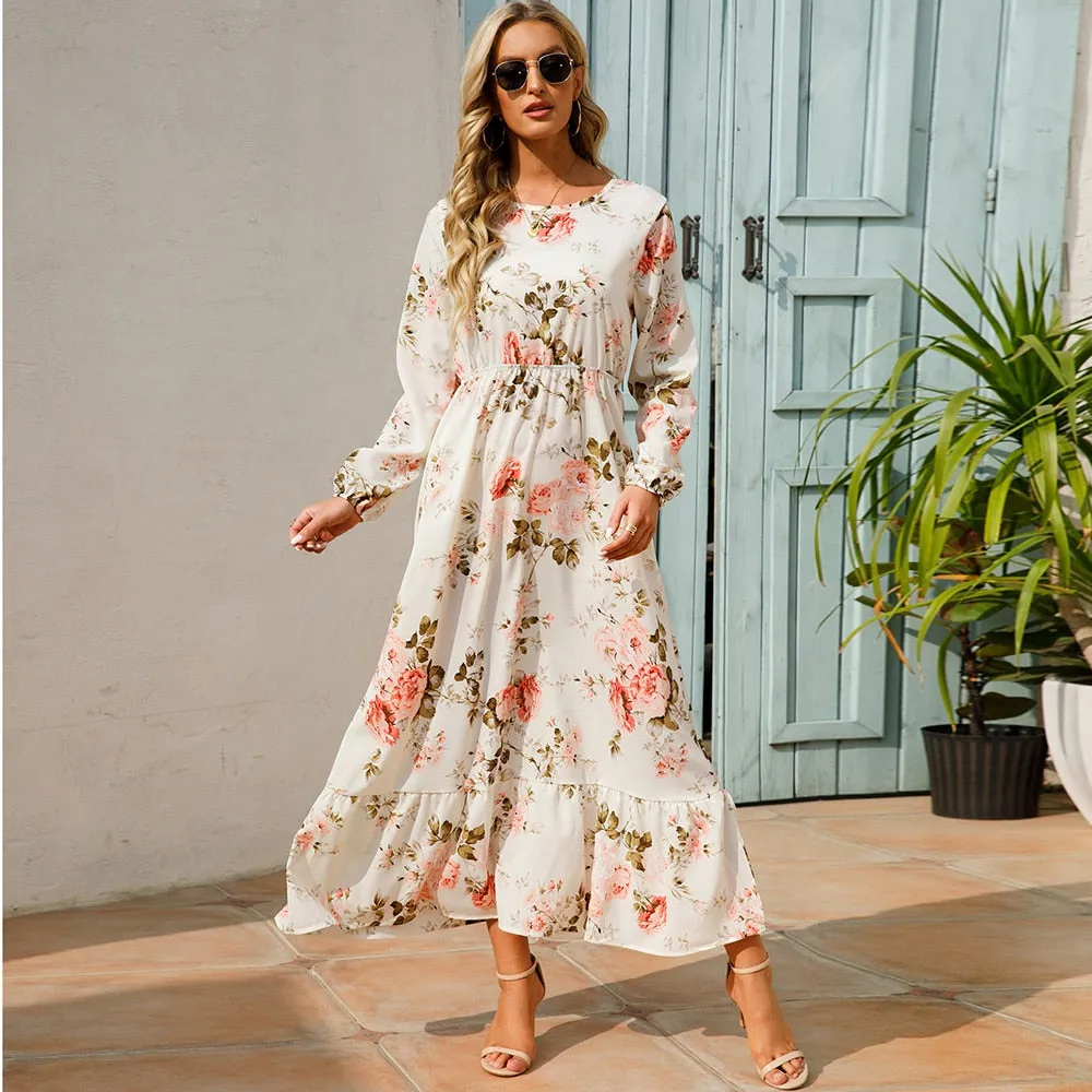 Women Spring Winter Maxi Long Sleeve High Waist Floral Printed Dress - WD8004