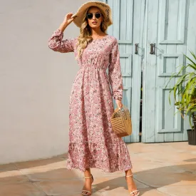 Women Spring Winter Maxi Long Sleeve High Waist Floral Printed Dress - WD8004