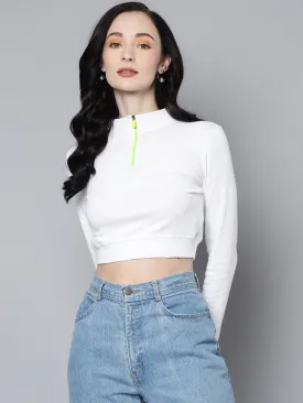 Women White Rib High Neck Active Crop Top