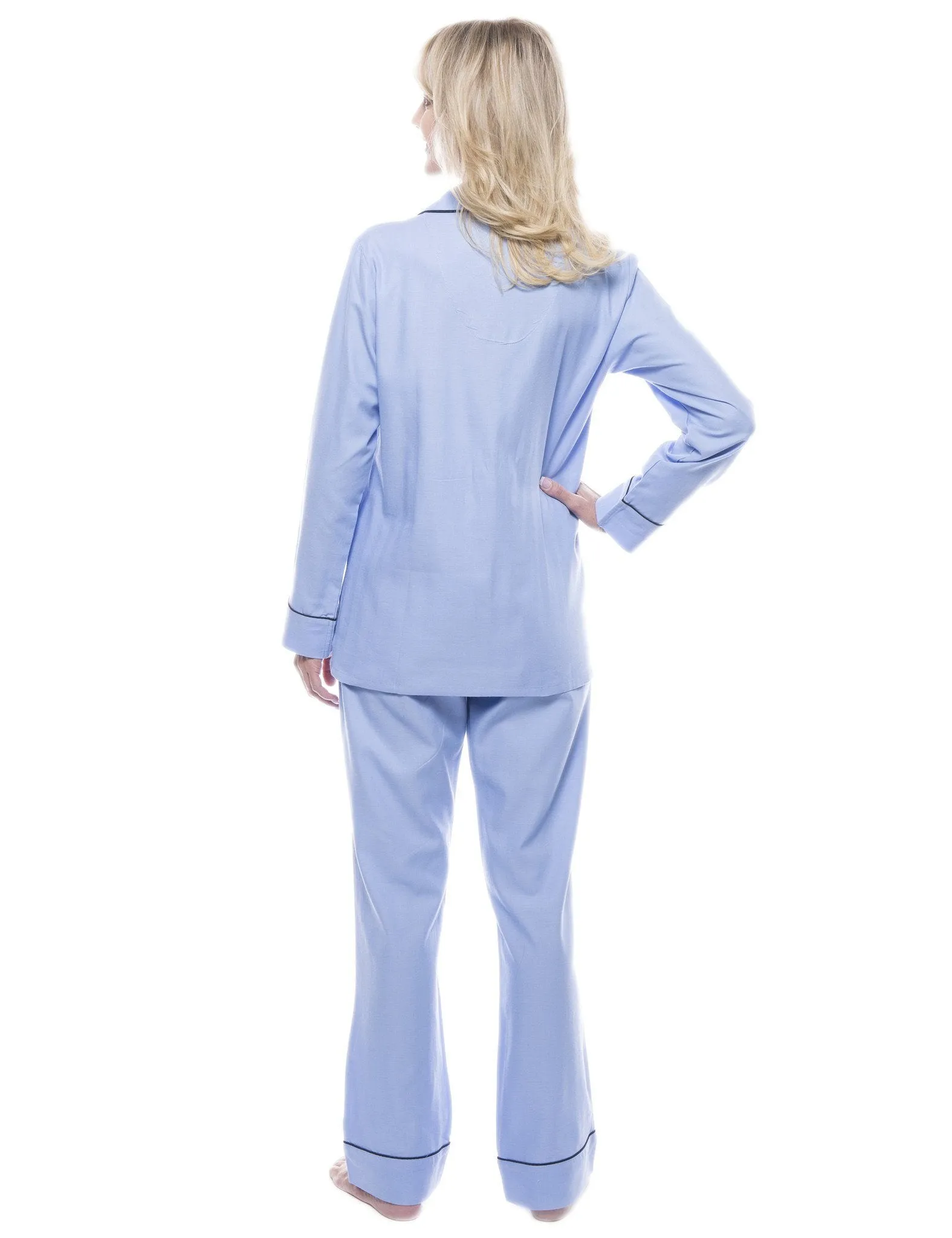 Womens 100% Cotton Flannel Pajama Sleepwear Set - Herringbone Chambray Blue