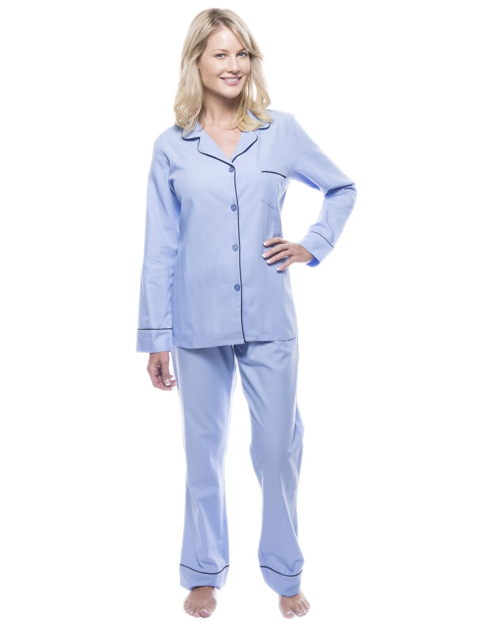 Womens 100% Cotton Flannel Pajama Sleepwear Set - Herringbone Chambray Blue