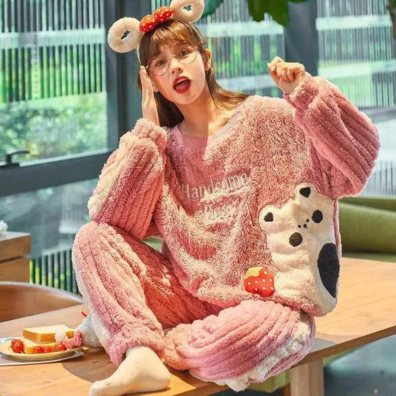 Women's Autumn And Winter Thickened Flannel Long Pajamas Pajamas