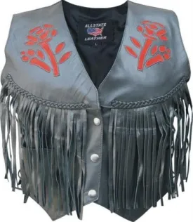 Women's Basic Black Lambskin Leather Motorcycle Vest Red Black Rose