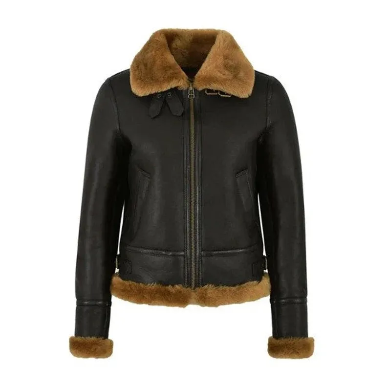 Women's Brown/Black Aviator Biker Genuine Shearling Leather Jacket