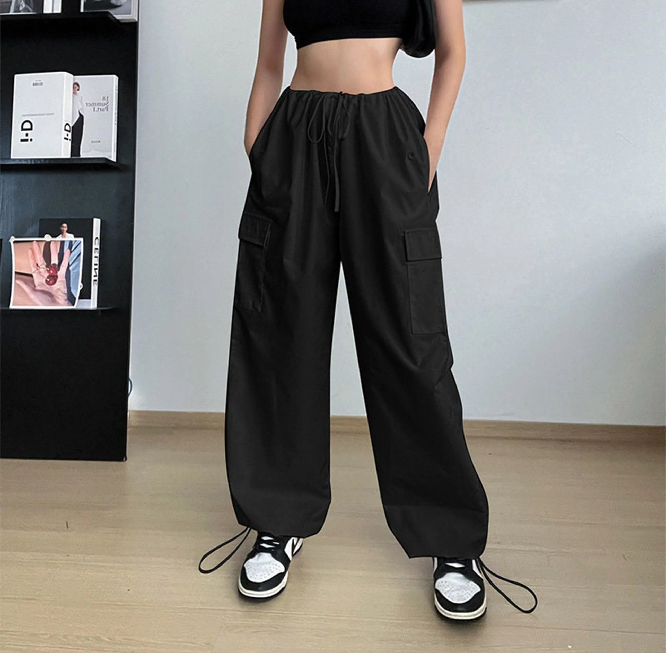 Women's Clothing Wide Leg Loose Plus Size Tether Straight Cargo Pants Women, Elastic Waist Pants, Baggy Cargo Pants, Casual Streetwear Pants