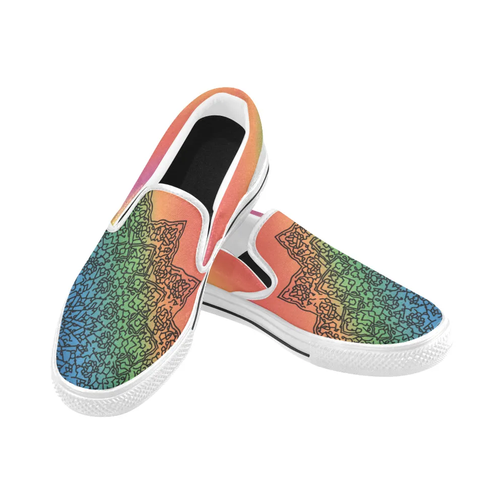 Women's Colorful Doodled Mandala Print Canvas Slip-on Shoes