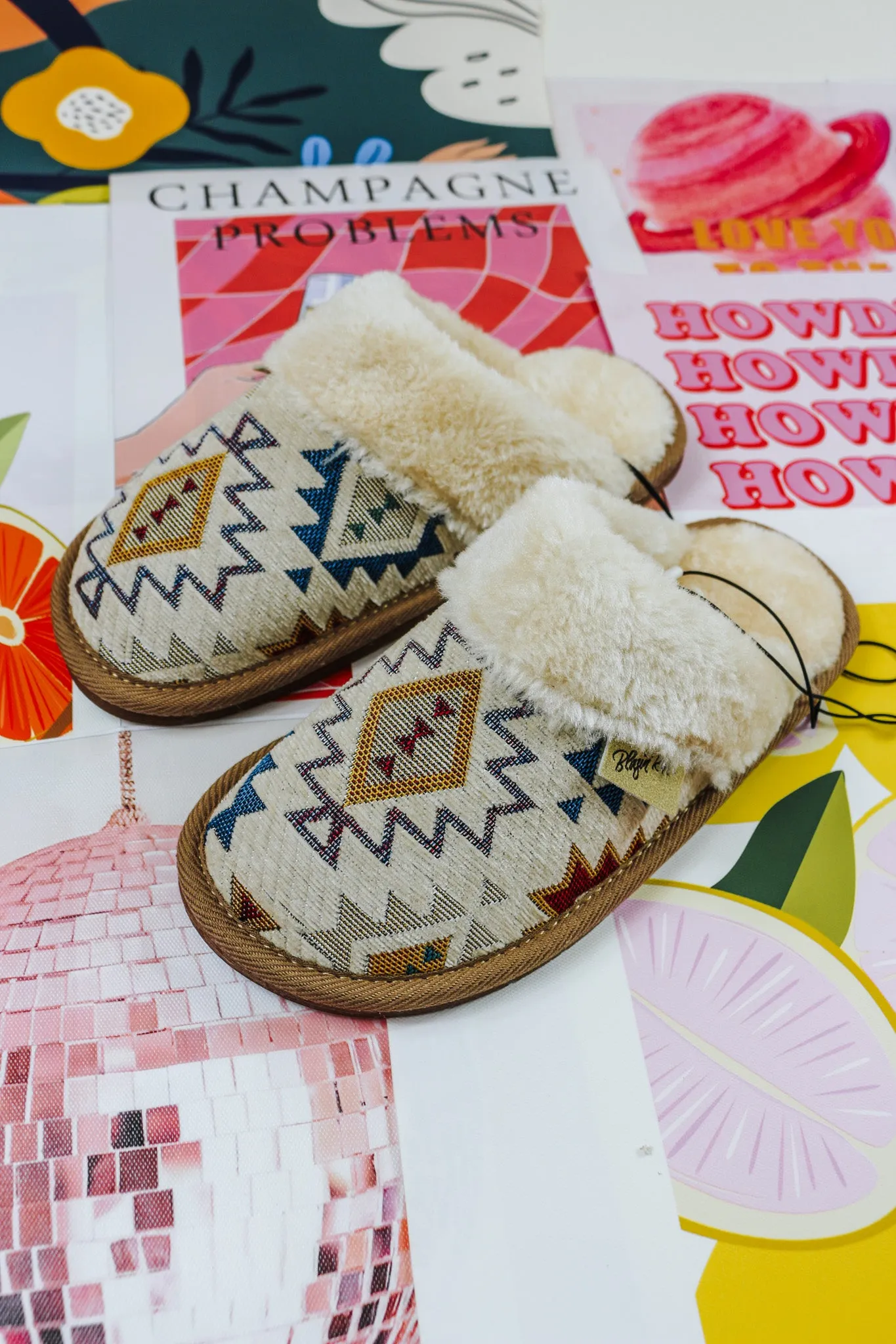 Women's Cream Blue Aztec Slippers