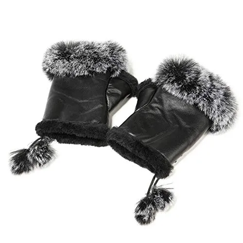 Women's Faux Fur Winter Fingerless Gloves Lined Mittens Warm Wrist Hands Warmer