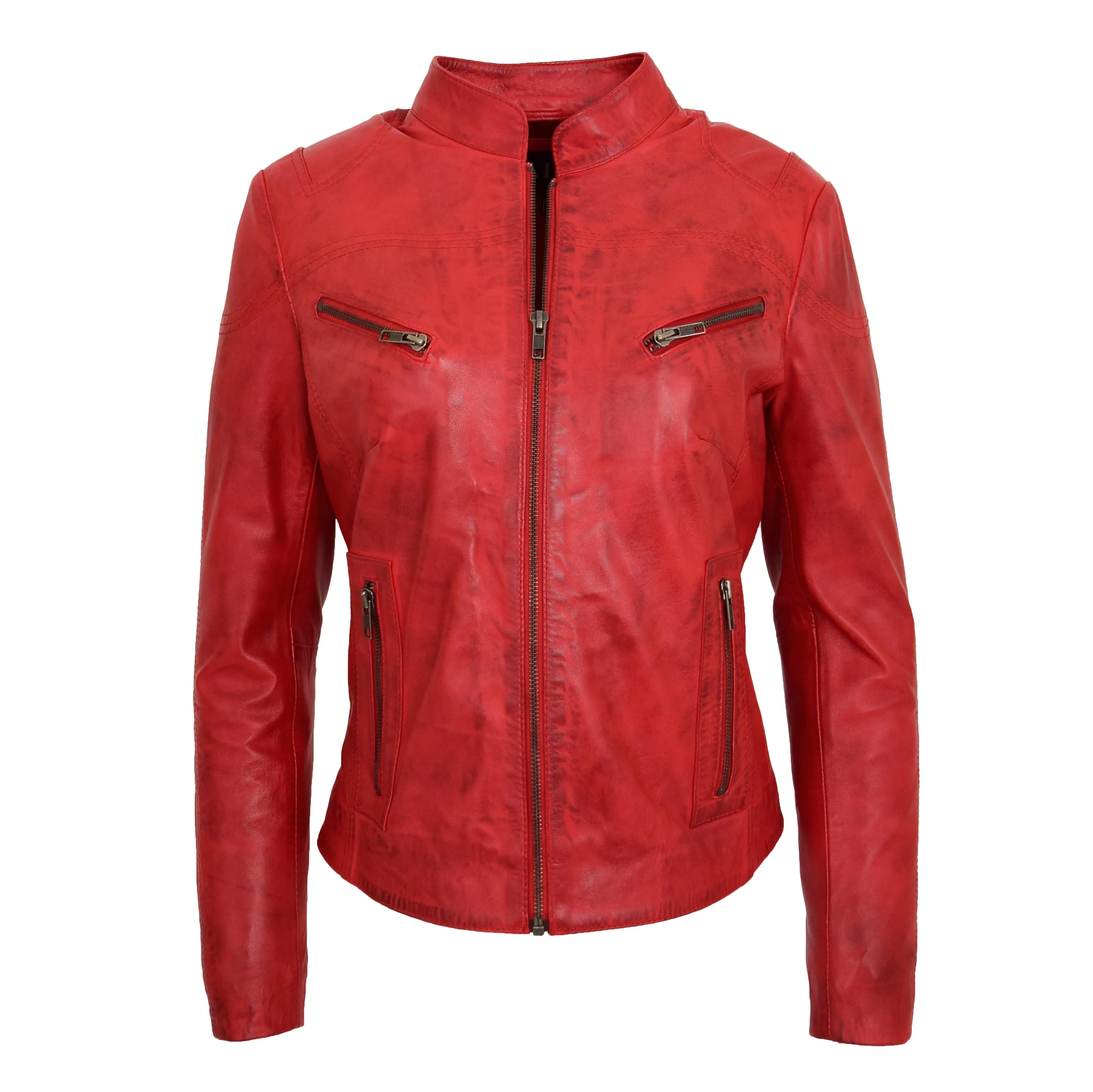 Womens Fitted Leather Biker Jacket Casual Zip Up Coat Jenny Red