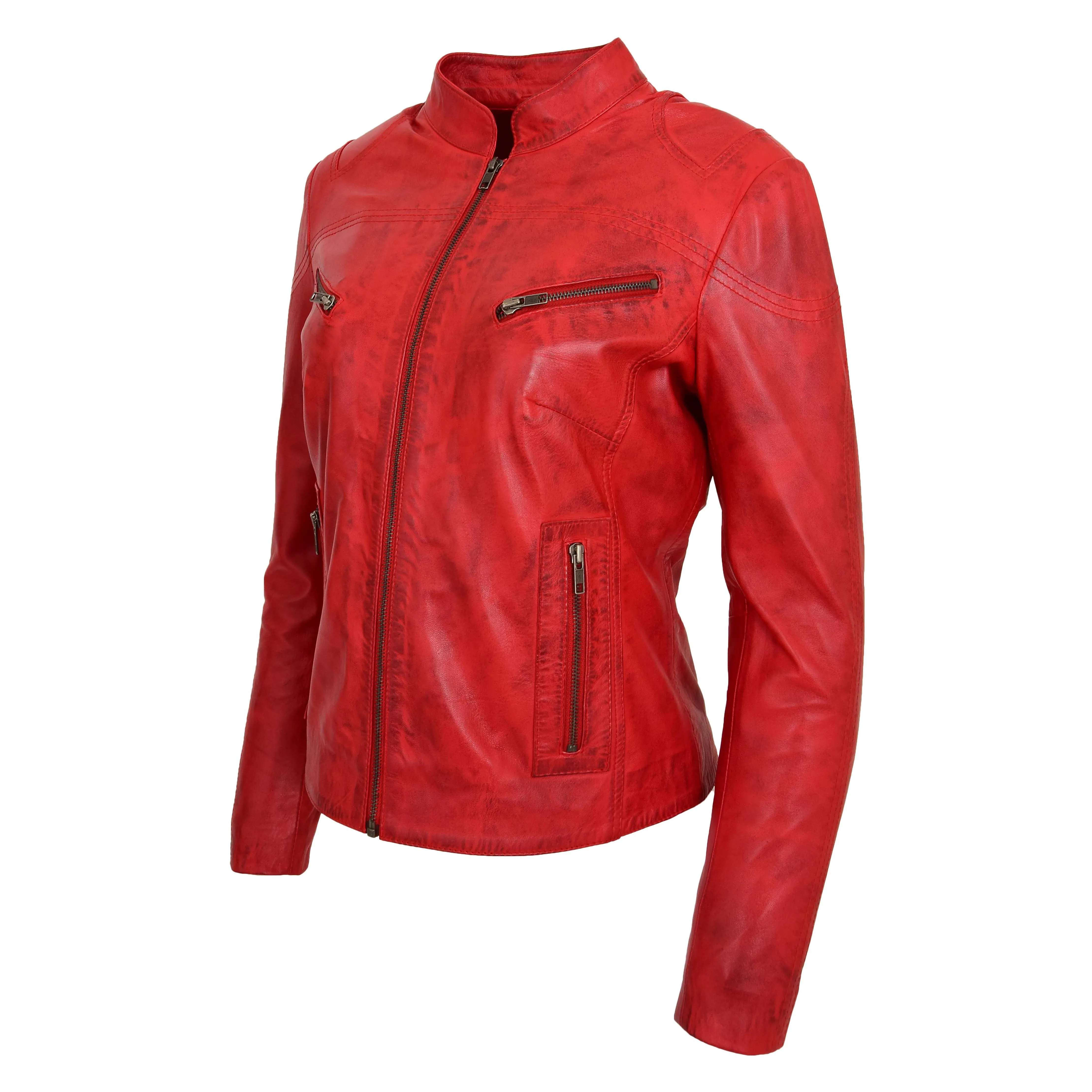 Womens Fitted Leather Biker Jacket Casual Zip Up Coat Jenny Red