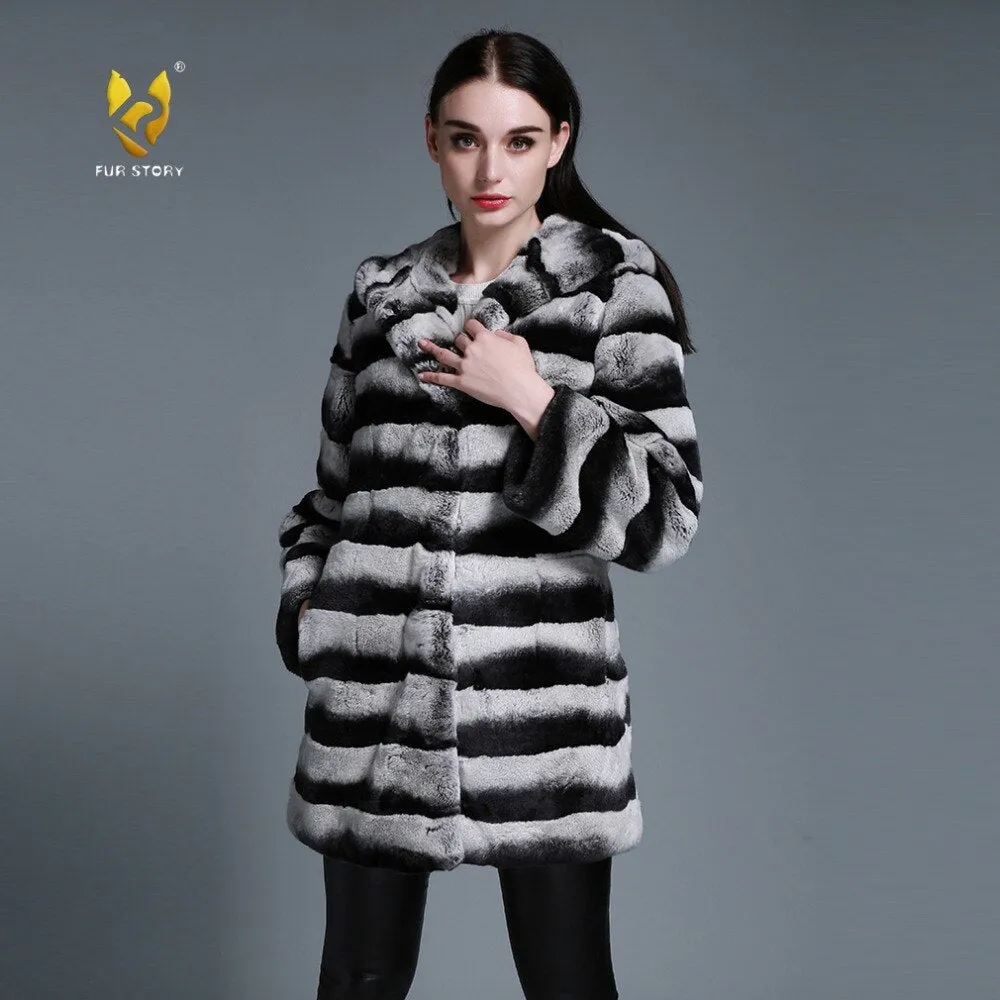 Women's Genuine Rabbit Fur Coat  with Fur Hood Winter Female Overcoat 15190