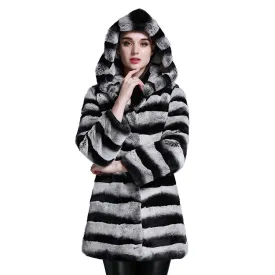 Women's Genuine Rabbit Fur Coat  with Fur Hood Winter Female Overcoat 15190