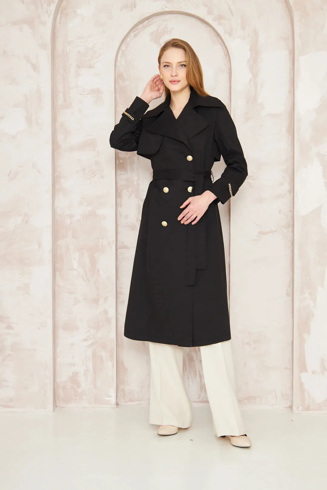 Women's Gold Button Chain Long Trench Coat Black - SCB-W12393