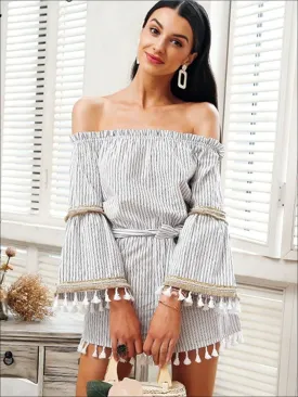 Women's Off The Shoulder Tassel Hem Striped Romper