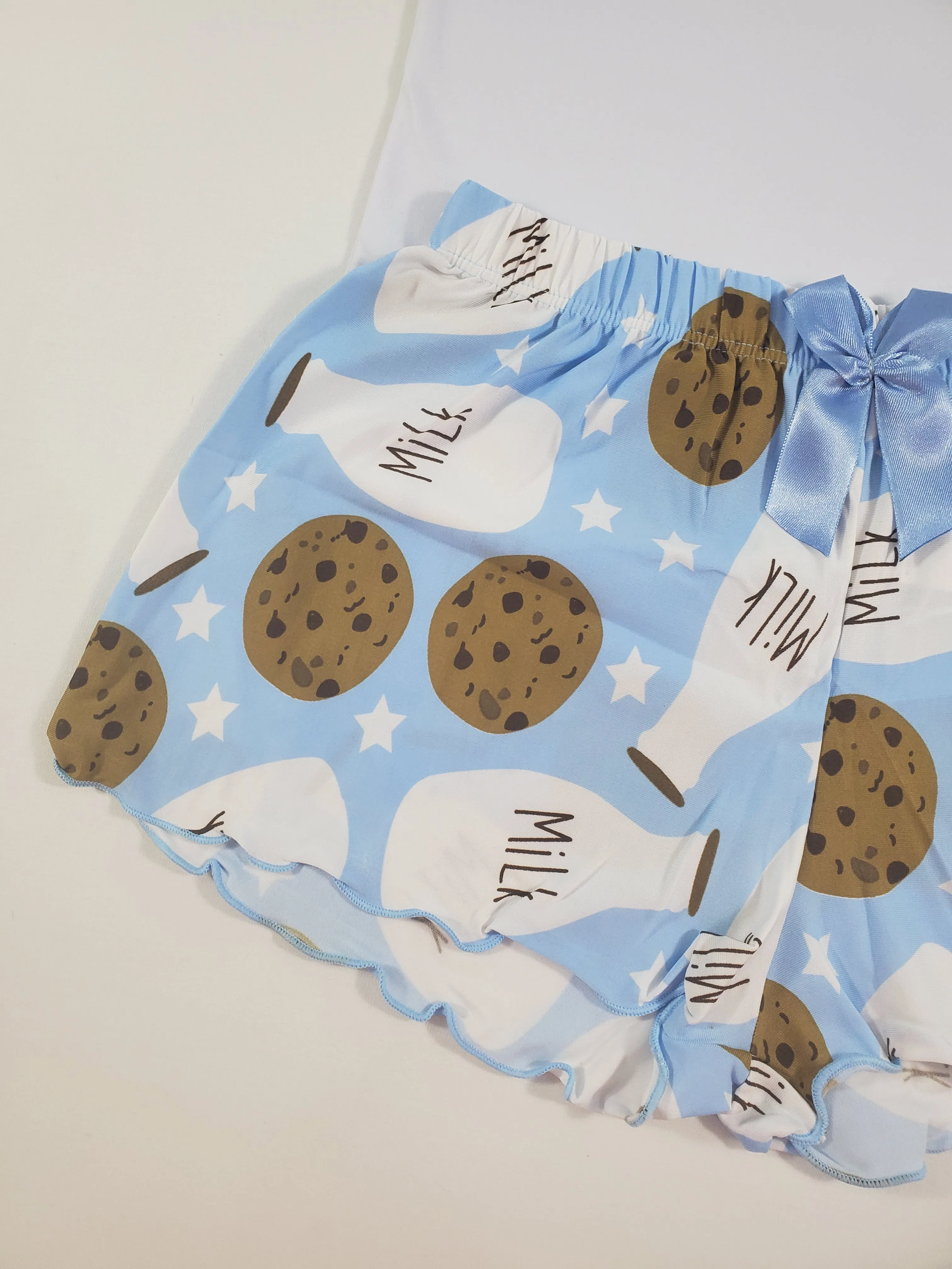 Women's Pajama set blue shorts milk and cookies theme white blouse