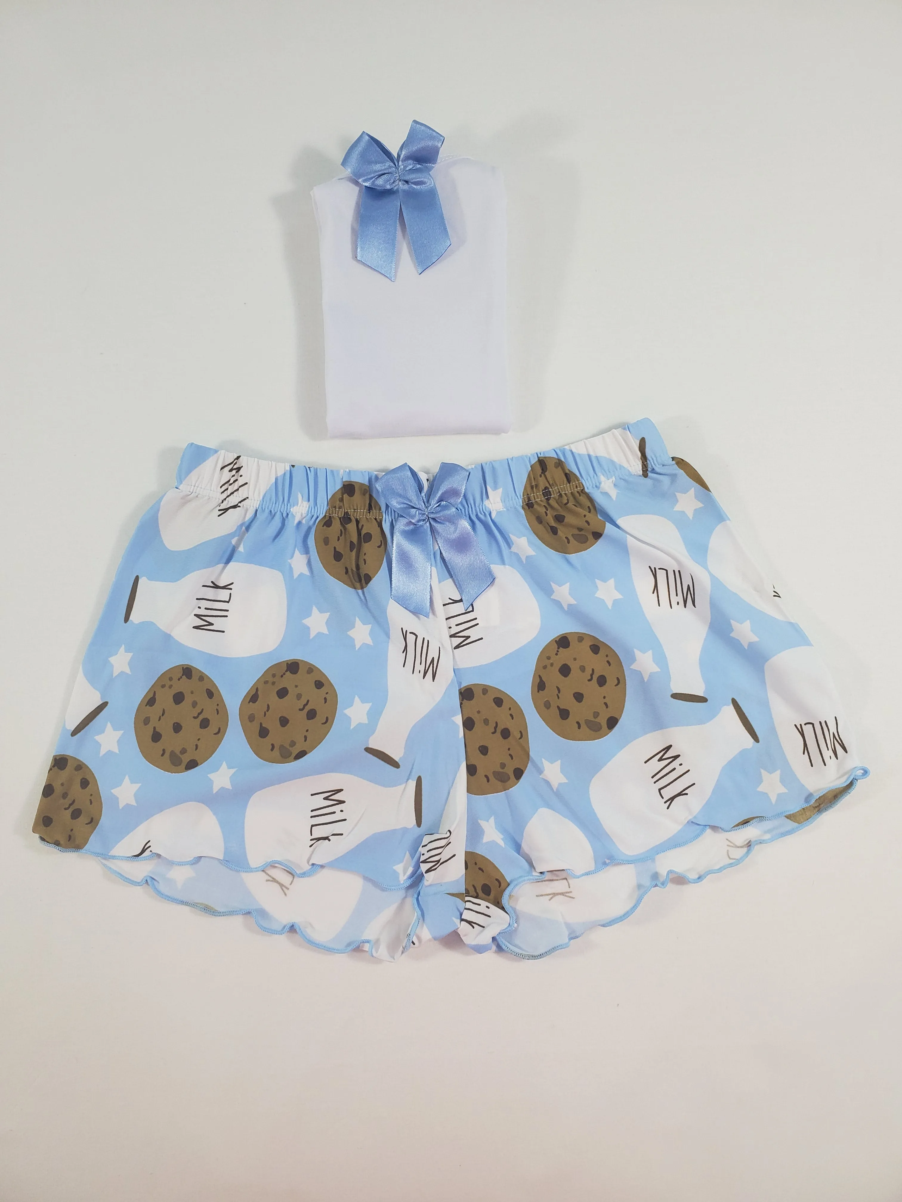 Women's Pajama set blue shorts milk and cookies theme white blouse