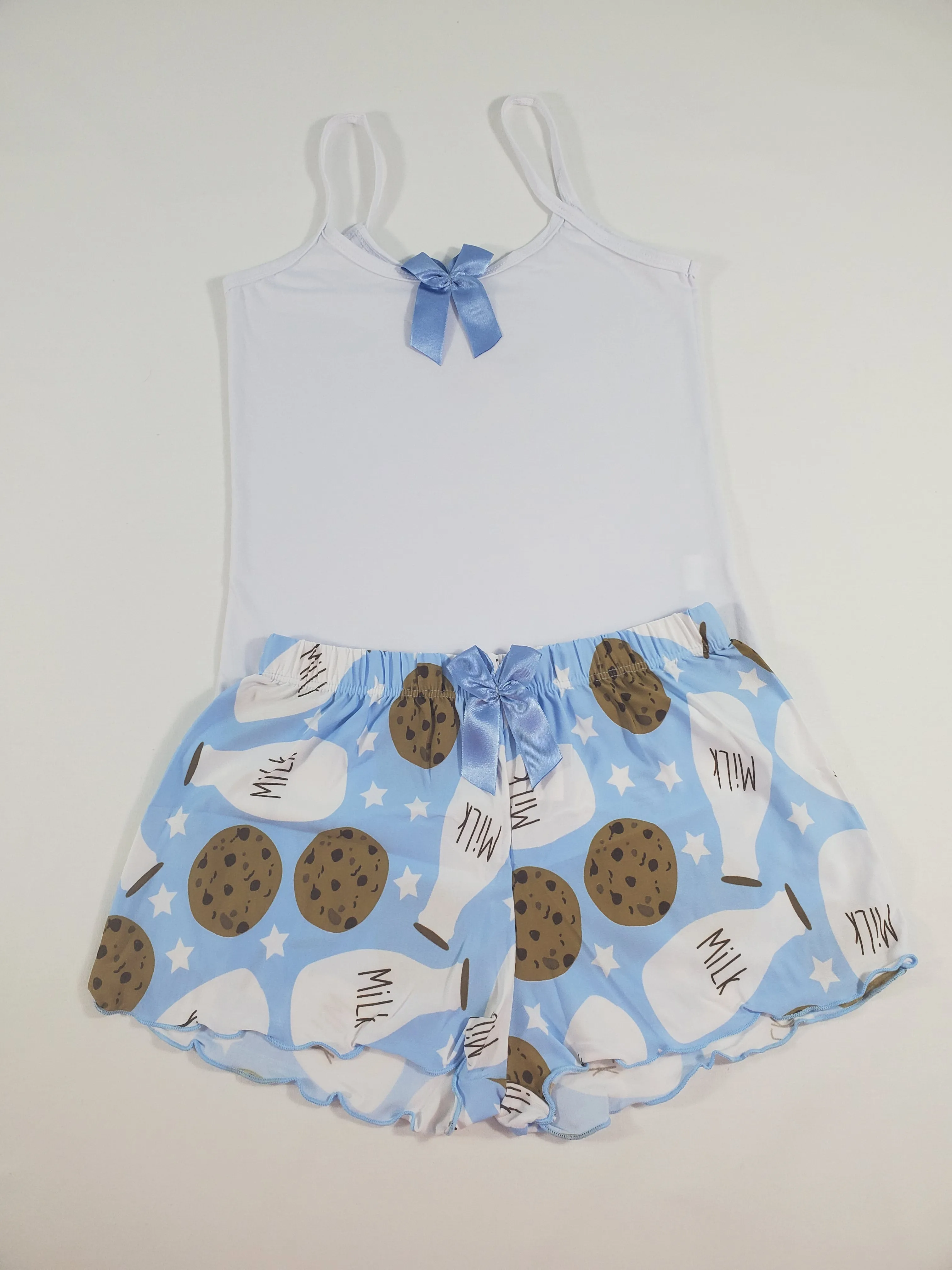 Women's Pajama set blue shorts milk and cookies theme white blouse