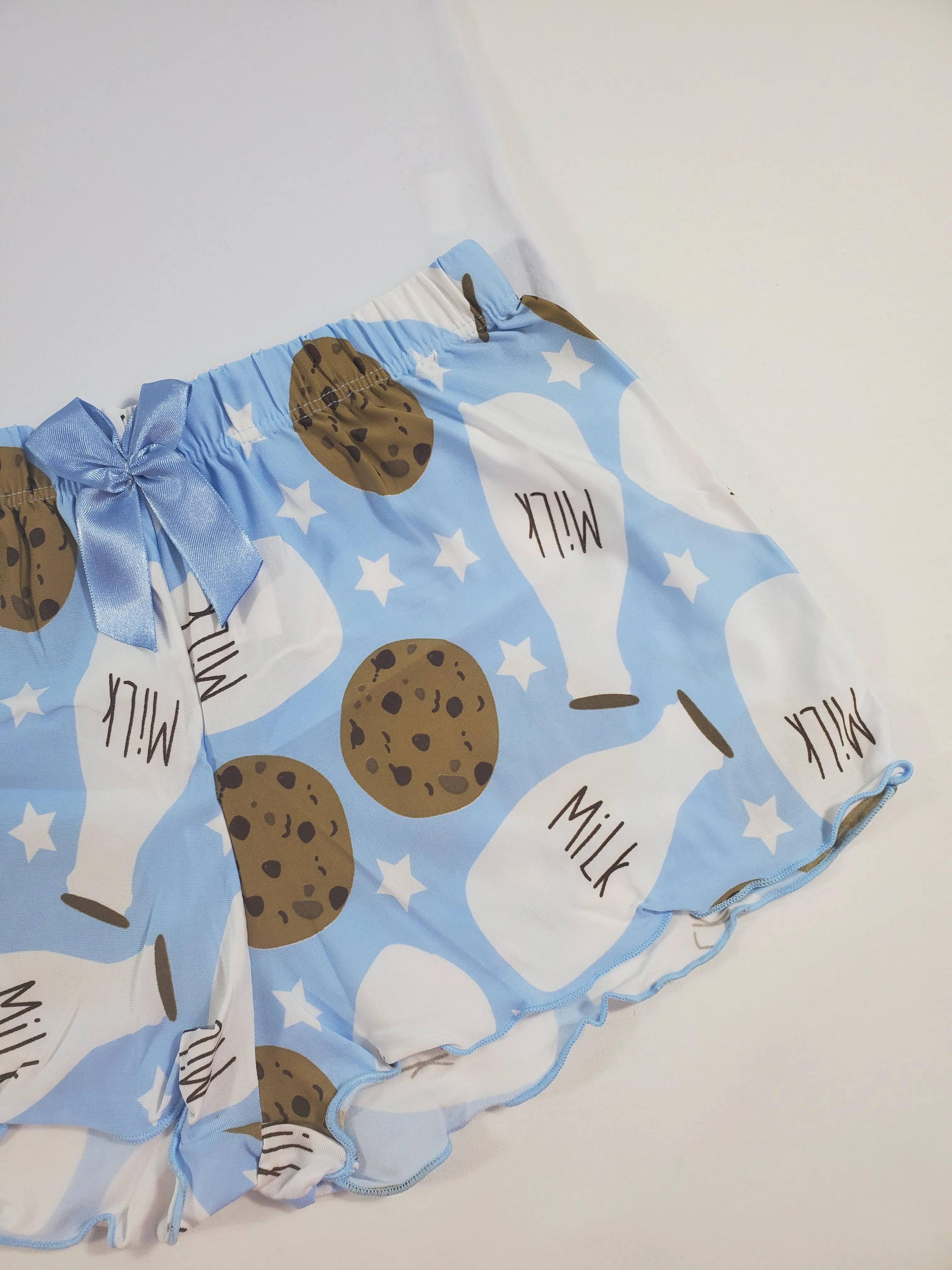 Women's Pajama set blue shorts milk and cookies theme white blouse