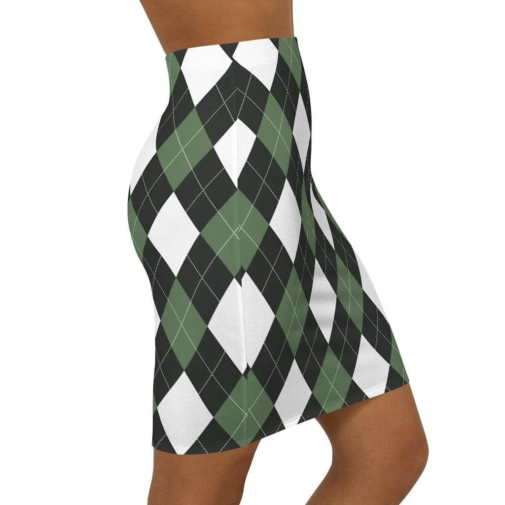 Womens Pencil Skirt, Green And White Argyle Stretch Mini2