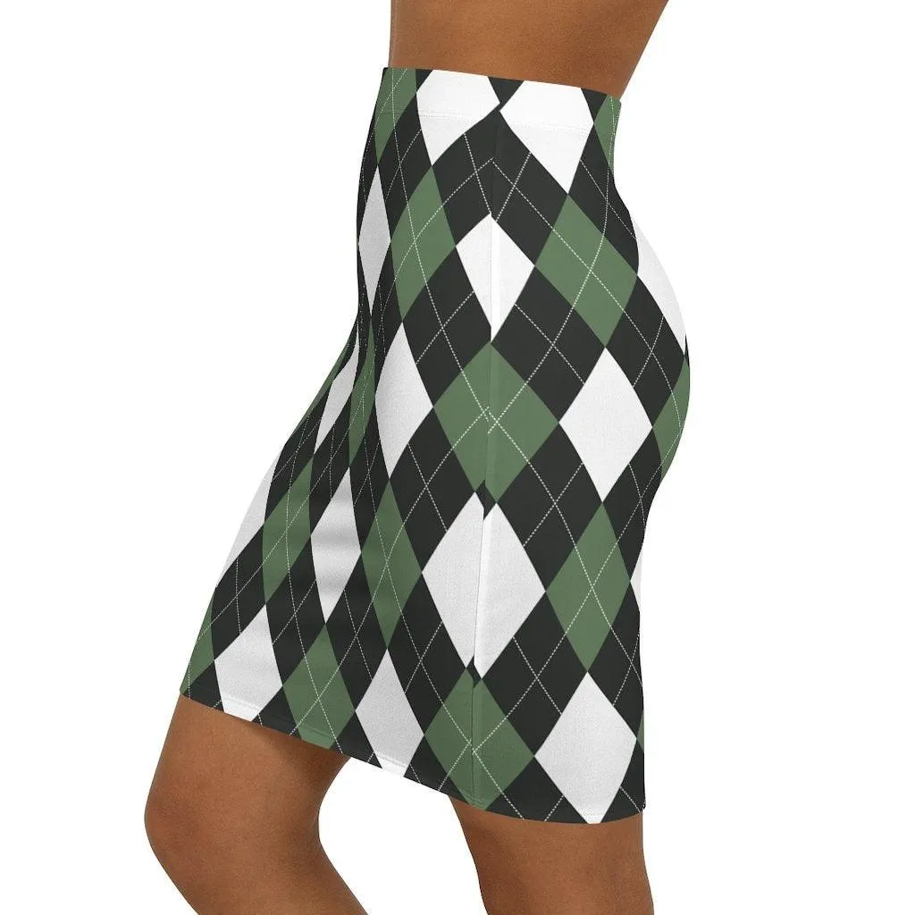 Womens Pencil Skirt, Green And White Argyle Stretch Mini2