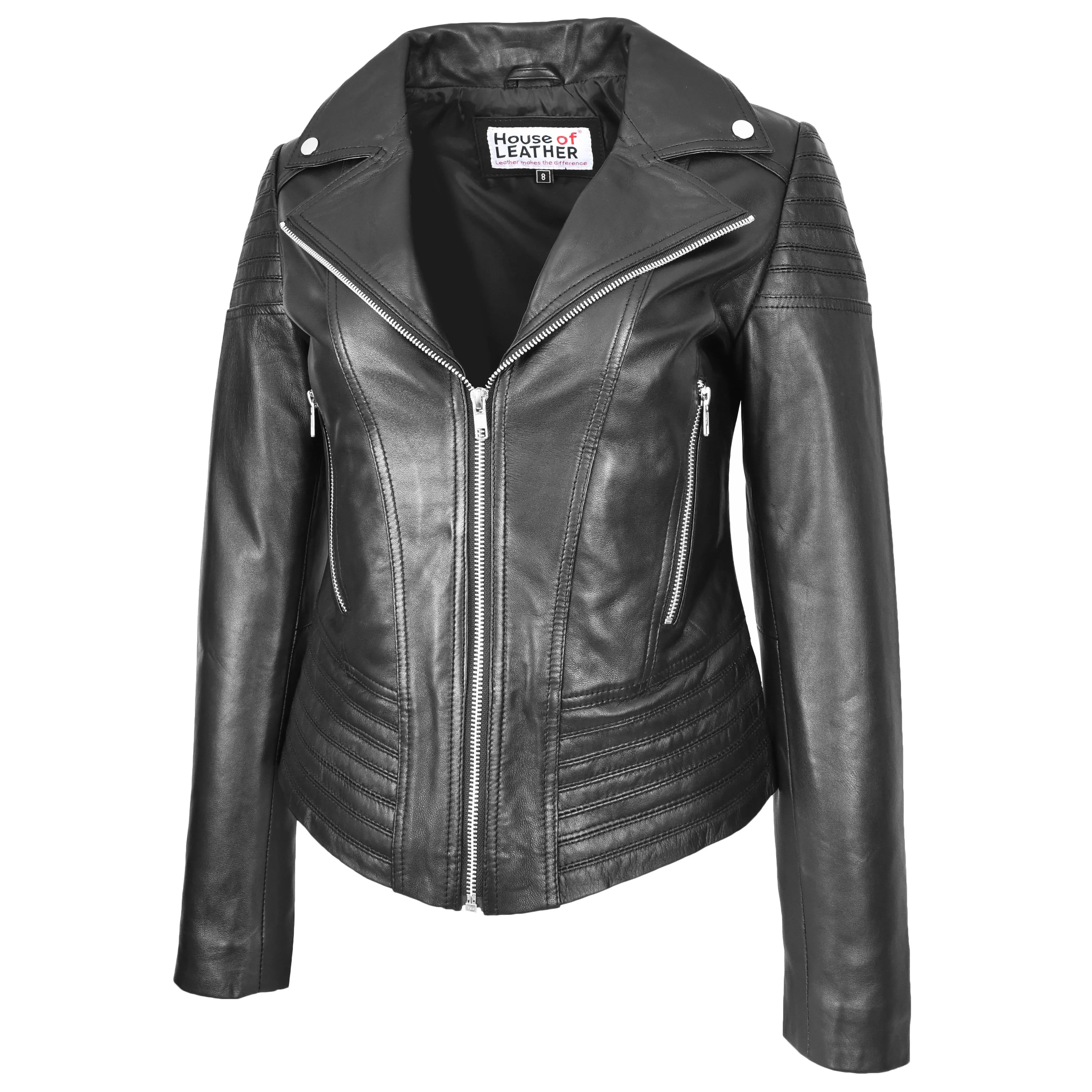 Womens Real Leather Biker Jacket Trendy Fitted Casual Style Emily Black