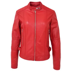 Womens Soft Leather Casual Zip Biker Jacket Ruby Red