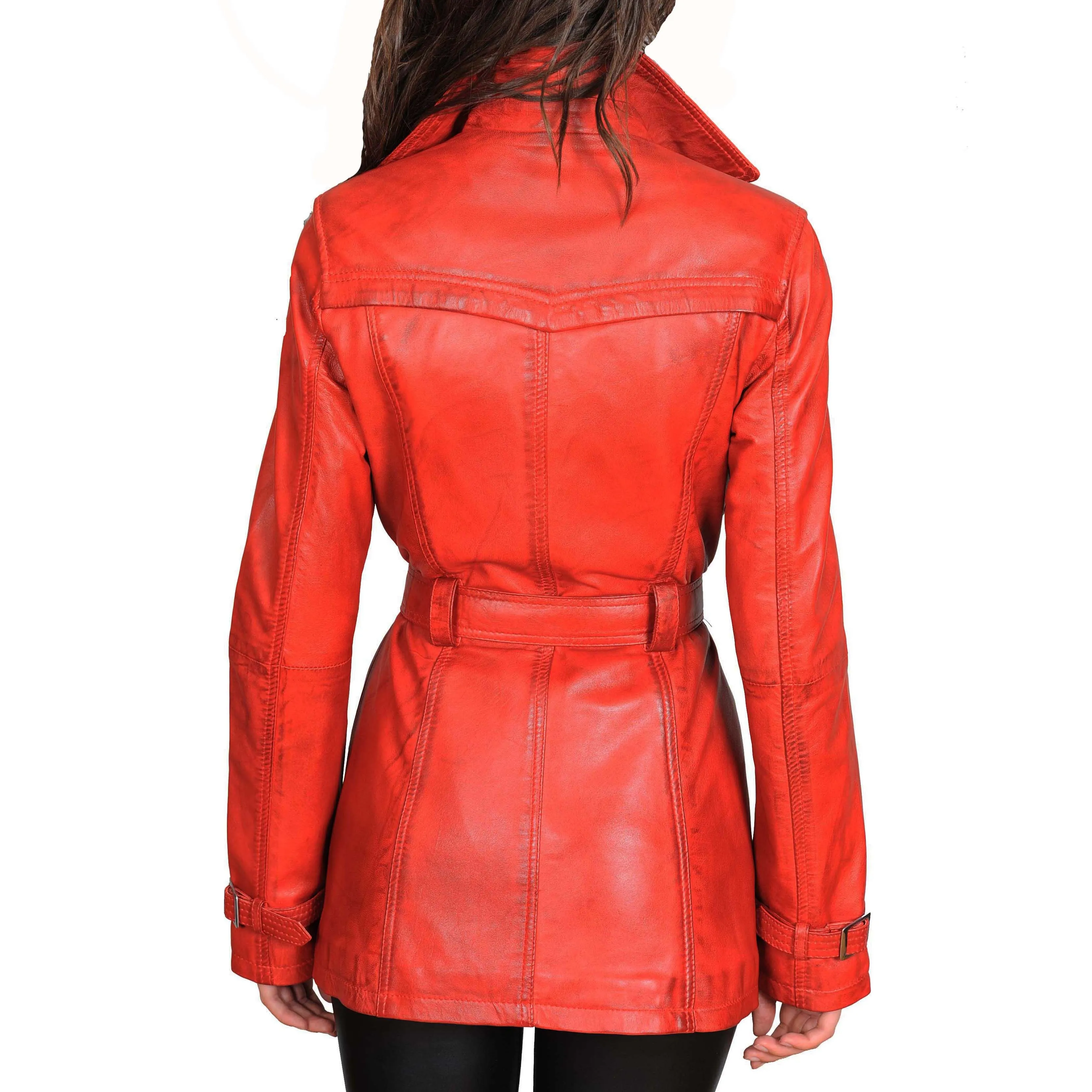 Womens Soft Leather Trench Coat Olivia Red