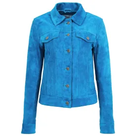 Womens Soft Suede Trucker Style Jacket Alma Teal Blue