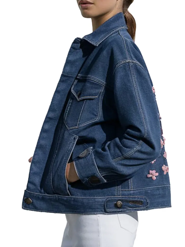 Women's Stylish Blue Denim Jacket With Pink Floral Embroidery