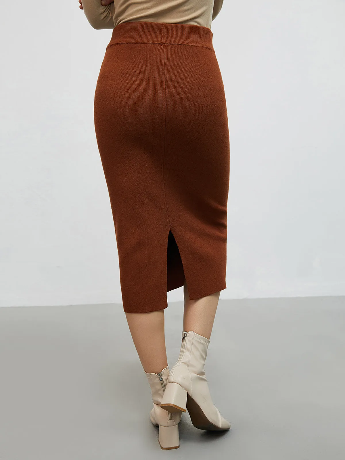 Woolen Slit Knit Midi Skirt