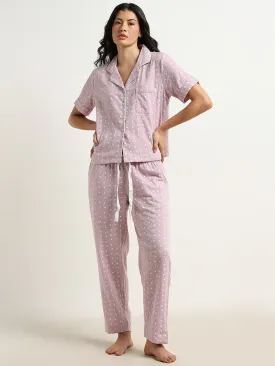 Wunderlove Lilac Polka Dotted Cotton Shirt with Pyjamas Set