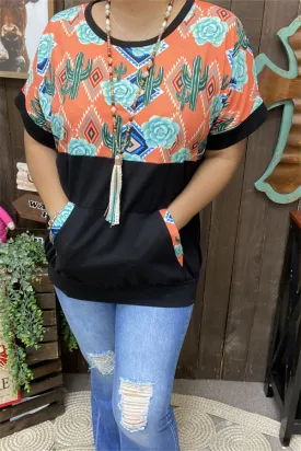 XCH9994 Cactus/Aztec orange multi color printed black block short sleeve women top w/front pocket(FS4)