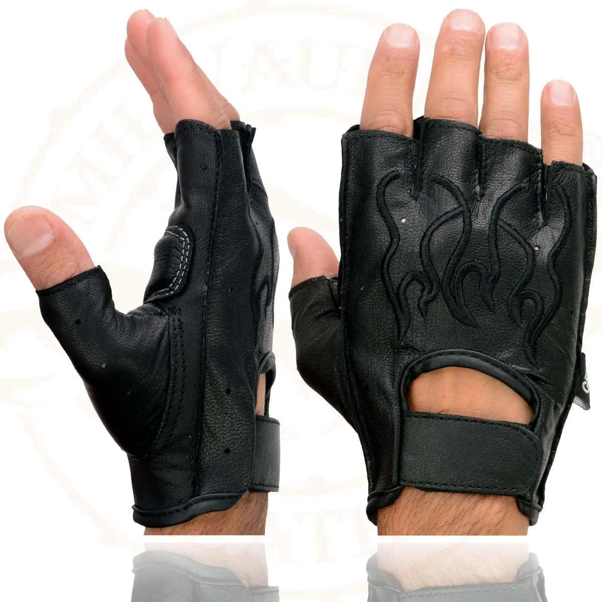 Xelement XG198 Men's Embroidered 'Flamed' Fingerless Black Motorcycle Leather Gloves