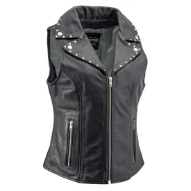 Xelement XS1028 Women's 'Dita' Black Motorcycle Leather Vest with Riveted Lapel Collar