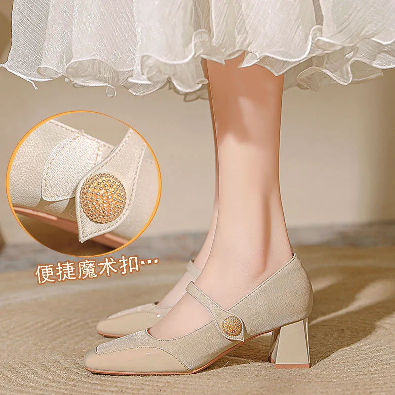 XIANGTUIBAO Ankle-Strap High Heels Chunky Heel Mary Jane Shoes Women's New  Style Hook and Loop Fastener Square Toe Red Wedding Shoes