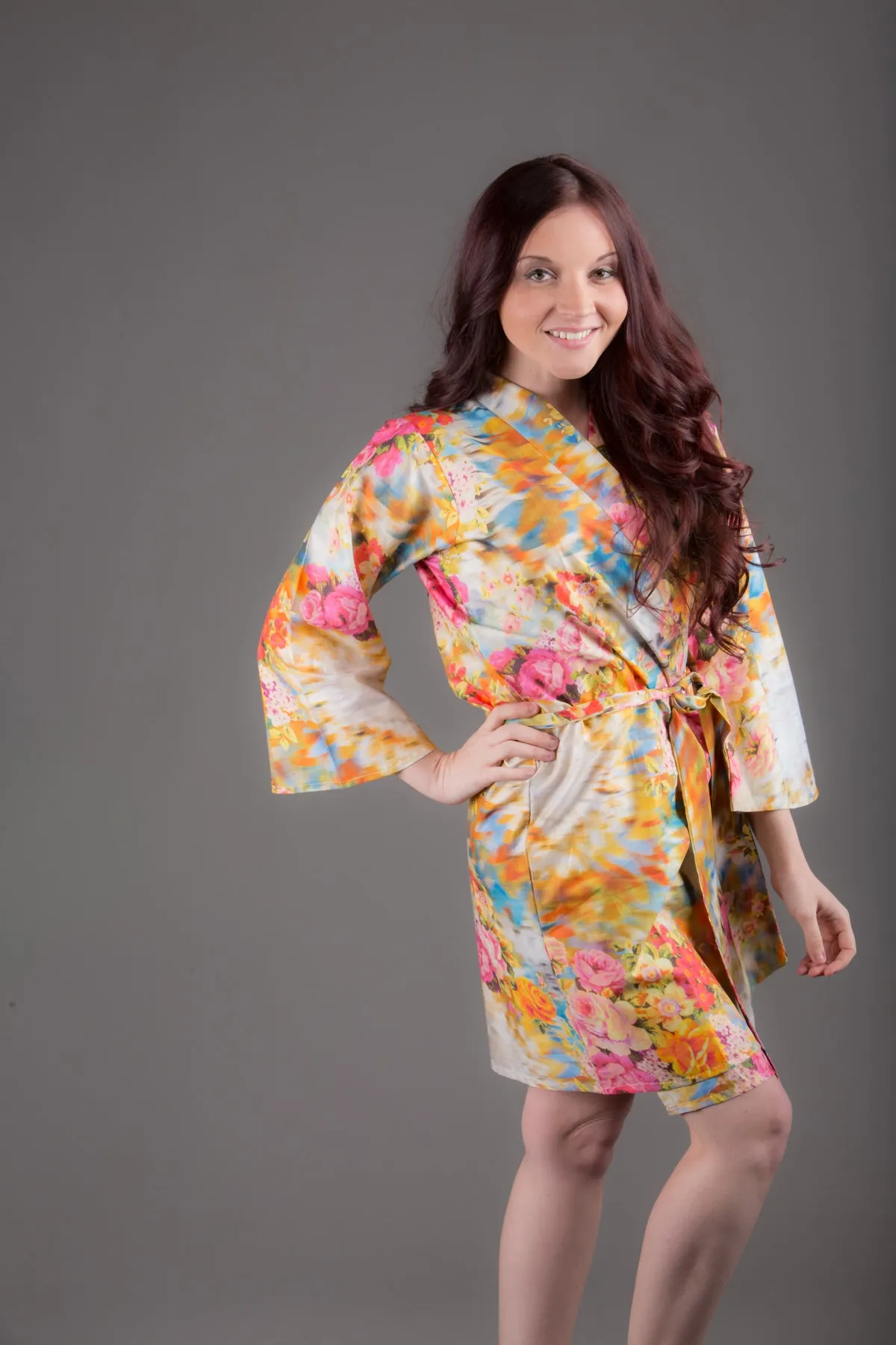 Yellow Floral Silk/Cotton Blend Digital Print Floral Knee Length, Kimono Crossover Belted Robe