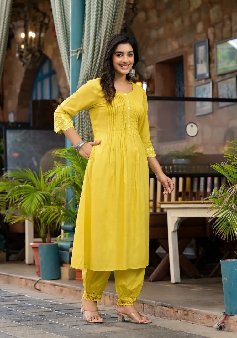 Yellow Mirror Embroidered Liva Rayon Kurta Pant And Dupatta Set With Lace & Button Detail