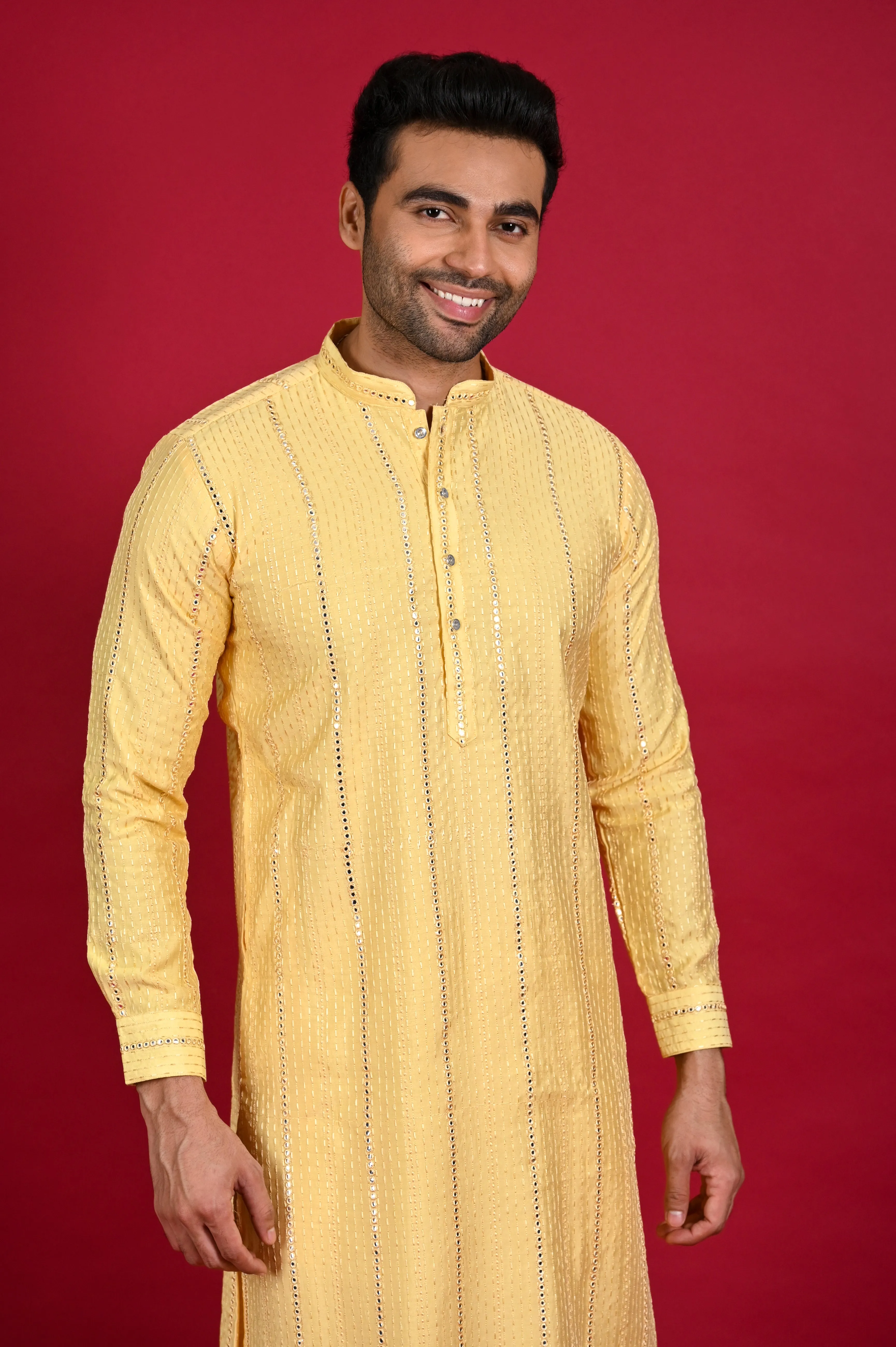 Yellow Mirror Work Kurta Set for Men