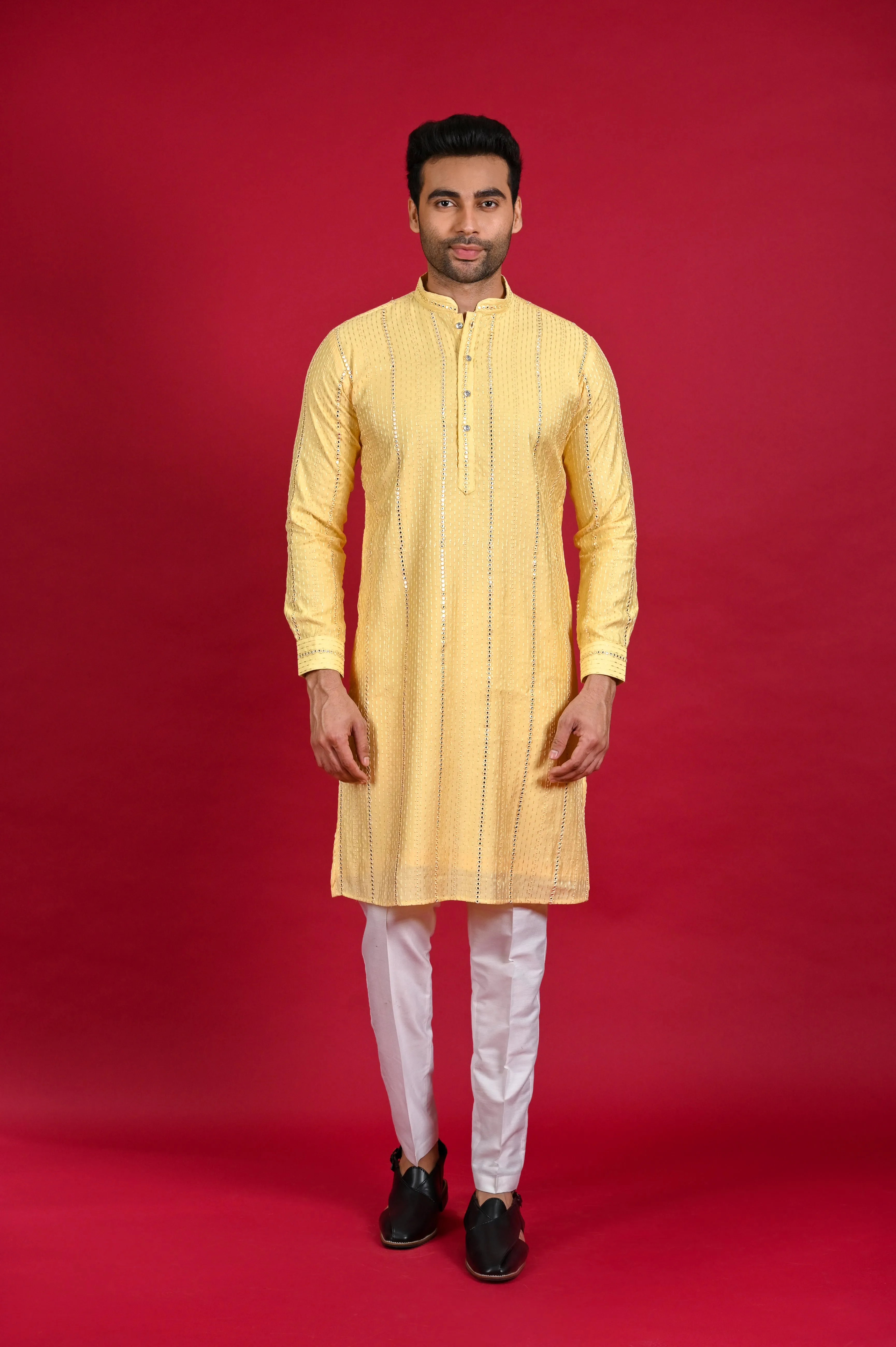 Yellow Mirror Work Kurta Set for Men