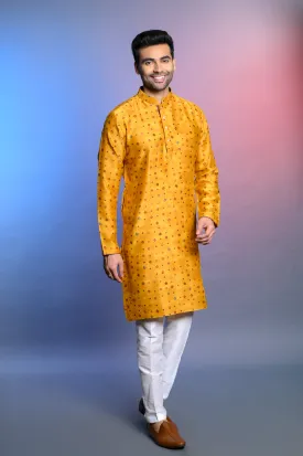 Yellow Silk Kurta Set WIth Printed Fabric