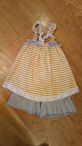 Yellow Striped Shirt with Grey Ruffled Shorts