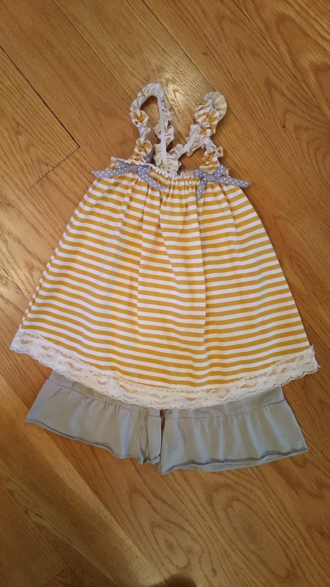 Yellow Striped Shirt with Grey Ruffled Shorts